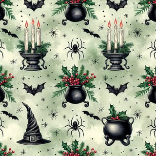 Witchy Yule Christmas Seamless Pattern