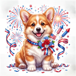 Fluffy Corgi with 4th of July Collar