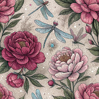 Hand-drawn Peonies and Dragonflies Pattern