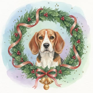 Watercolor Beagle in Christmas Wreath