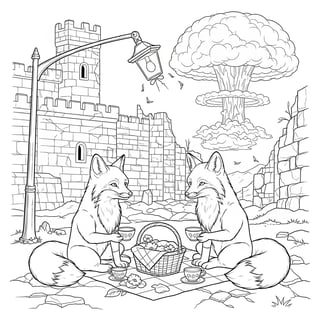 Black and White Fox Picnic Coloring Page