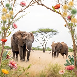 African Elephants with Floral Frame