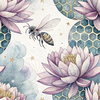 Dreamlike Bee and Lotus Watercolor Art