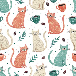 Playful Cats with Coffee Mugs Pattern