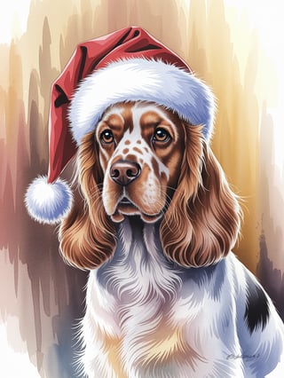 Watercolor Cocker Spaniel with Santa Hat