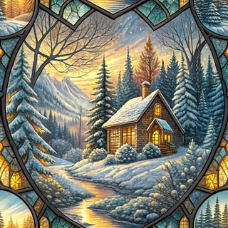 Winter Stained Glass Snowy Cabin