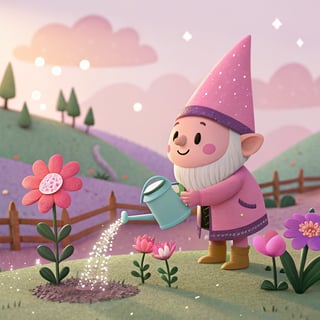 Gnome Watering Flowers on Farm