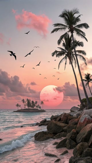 Tropical Sunset Painting with Palm Trees