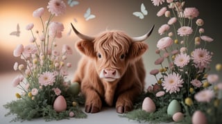 Baby Highland Cow with Easter Background