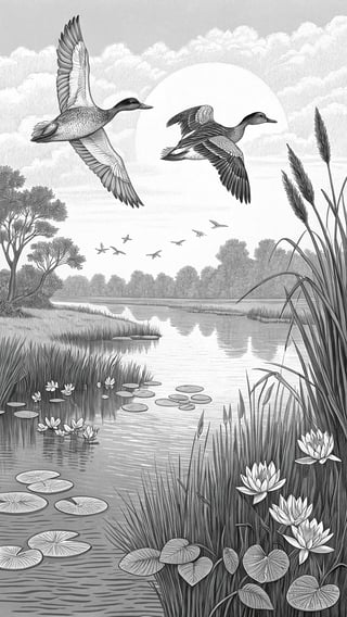 Engraved Ducks Over Calm Marsh
