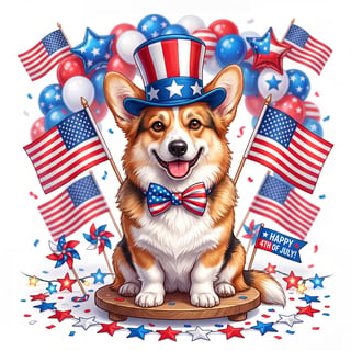 Patriotic Corgi with American Flags