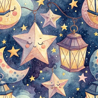 Celestial Lanterns Watercolor Illustration
