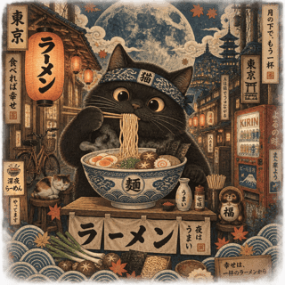 Vintage Japanese Ramen Cat Poster