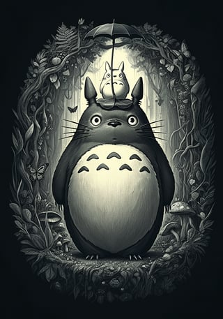 Detailed Totoro Linocut Illustration