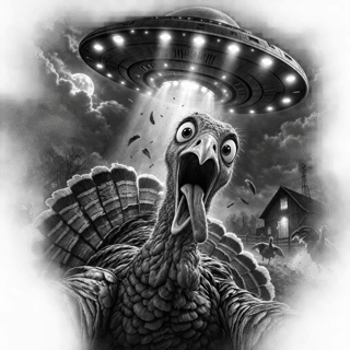 Greyscale Turkey & UFO T-Shirt Design
