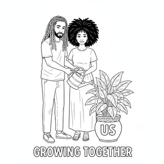 Black Couple Watering Plant Line Art