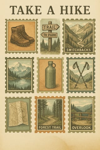 Retro Hiking Postage Stamps