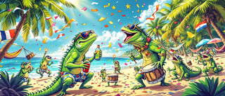 Tropical Beach Party with Cartoon Iguanas