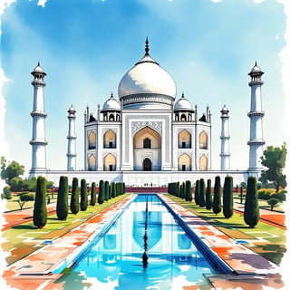 Ink and Watercolor Taj Mahal Poster
