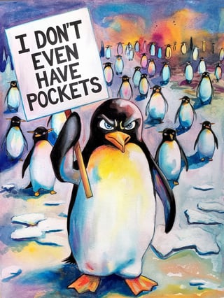 Angry Penguin Protest in Watercolor