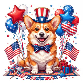 Patriotic Corgi with American Flags