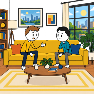 Flat 2D Conversation on Mustard Sofa