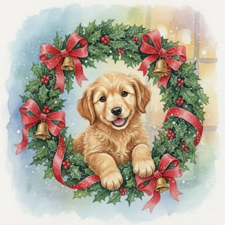 Watercolor Golden Retriever Puppy in Wreath