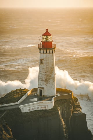 Lighthouse on Rugged Cliff at Sunset