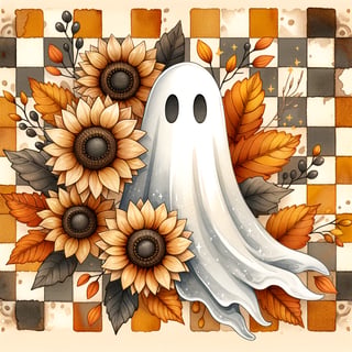 Watercolor Halloween Ghost with Sunflowers