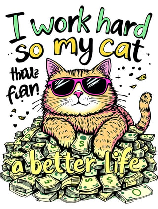 Whimsical Cat with Money Illustration