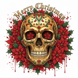 Artistic Christmas Skull with Poinsettias