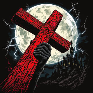 Gothic Red Wooden Cross with Hand
