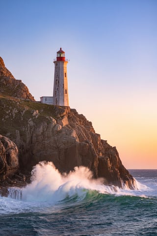 Lighthouse on Rugged Cliff at Sunset