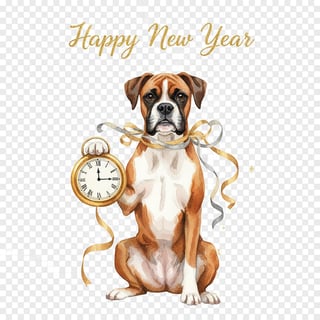 Watercolor Boxer Dog with New Year Clock