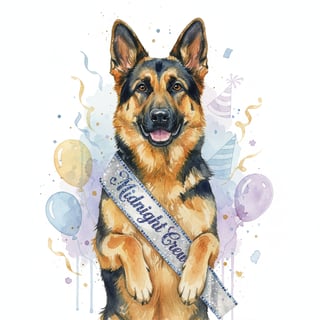 Watercolor German Shepherd with Sparkly Sash