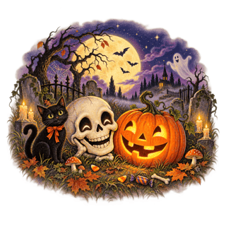 Vintage Halloween Skull & Pumpkin