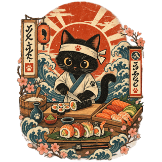 Vintage Japanese Cat Sushi Chef