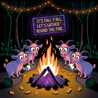 Whimsical Neon Autumn Campfire Scene