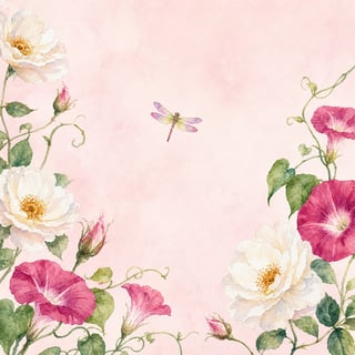 Watercolor Illustration of Dragonfly and Flowers