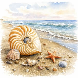 Watercolor Beach Illustration with Nautilus Shell