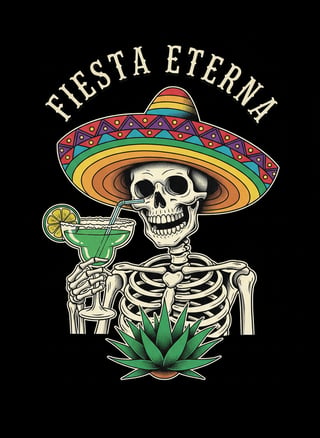 Skeleton with Sombrero Drinking Margarita