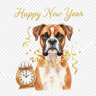 Watercolor Boxer Dog with New Year Clock