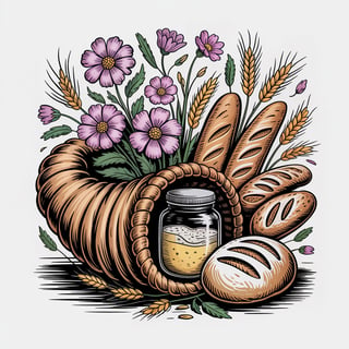 Linocut Floral and Sourdough Illustration