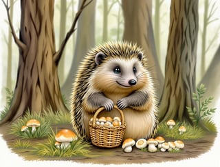 Hedgehog with Basket Gathering Mushrooms