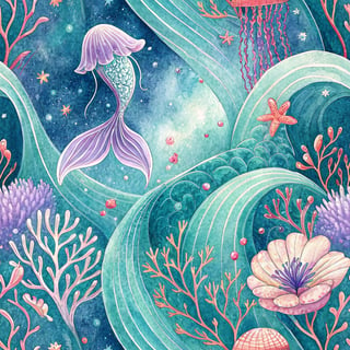Watercolor Mermaid Tail Undersea Scene