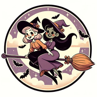 Retro Cartoon Witches on Tandem Broomstick