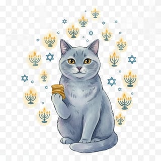 Chartreux Cat with Hanukkah Lights