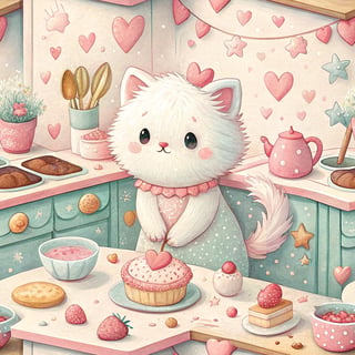 Fluffy Cat Baking in Pastel Kitchen