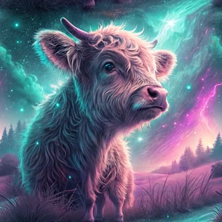 Cute Highland Calf with Neon Aurora