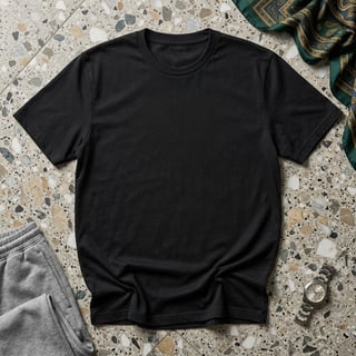 Photorealistic Black Cotton T-Shirt Flat Lay